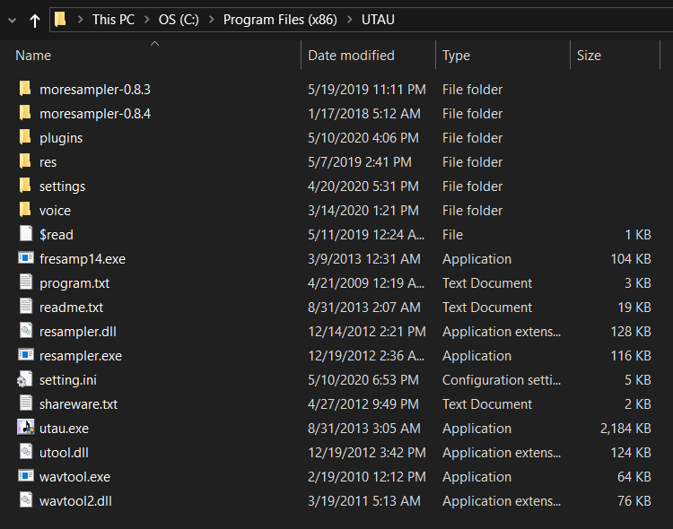 screenshot of UTAU files on the C: drive